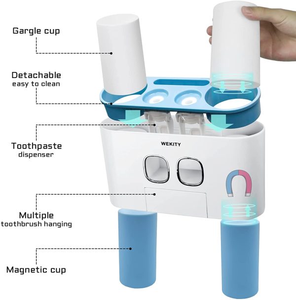 Toothbrush Holder Wall Mounted, WEKITY Multi-Functional Toothbrush and Toothpaste Dispenser for Bathroom, with 5 Toothbrush Slots, 2 Toothpaste Squeezers and 4 Cups(Blue)