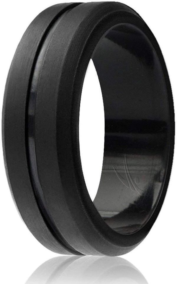 ROQ Silicone Wedding Ring for Men, Elegant, Affordable 8mm Silicone Rubber Wedding Bands, Singles & 4 Pack, Brushed Top Beveled Edges - Black, Metal Silver, Dark Gray - Image 2