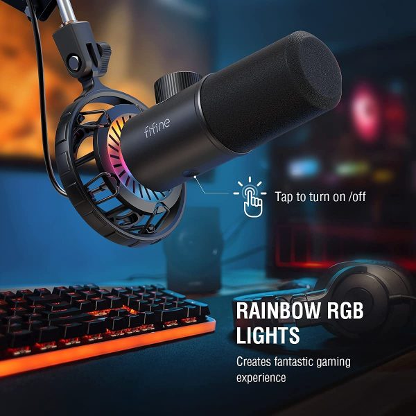 USB Dynamic Microphone, Fifine RGB Gaming Mic for Podcast Recording on PC Laptop PS4, Tap-to-Mute, Gain Control Knob, Headphone Jack, Shouck Mount, for Twitch, YouTube, Discord - K658 - Image 2