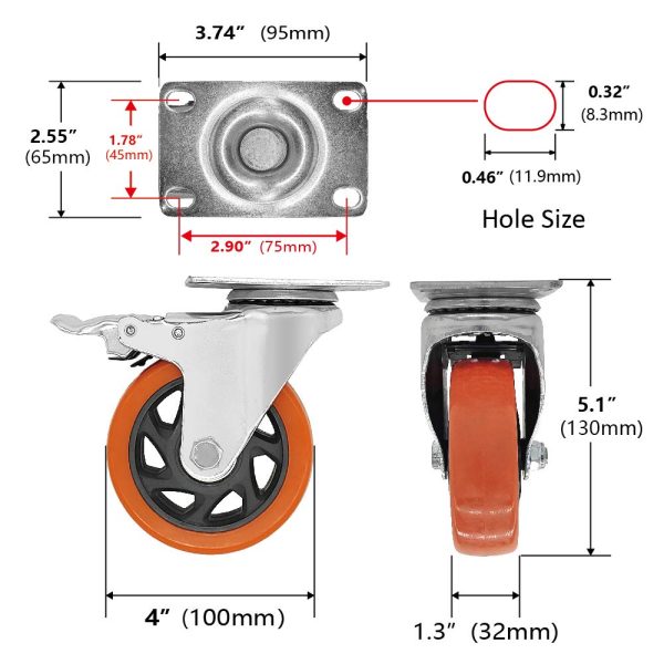 4" Industrial Swivel Casters Wheels - Set of 4 Plate Casters with Brake PU Wheels by SPLAKER, Color: Orange, Model: SW-004.