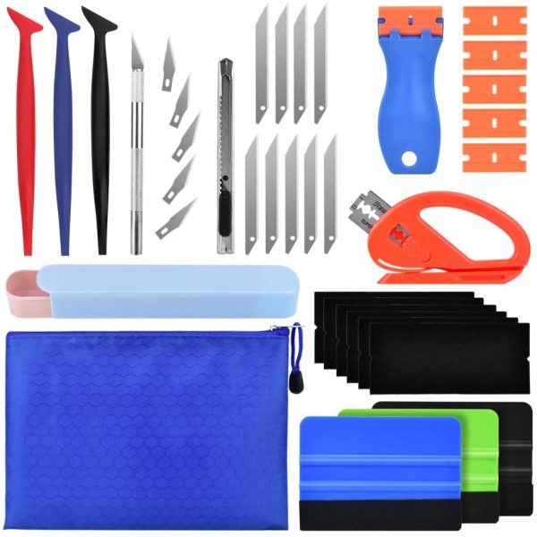 Car Window Tinting Vinyl Wrap Tools 11 Pcs Window Tint Tools Kit Including Package Bag, Felt Squeegee, Edge Trimmer, Soft Corner Squeegee, Retractable Kinfe and 10Kinfe Blades, Carving Knife, Cut Knife(Blue) - Image 5