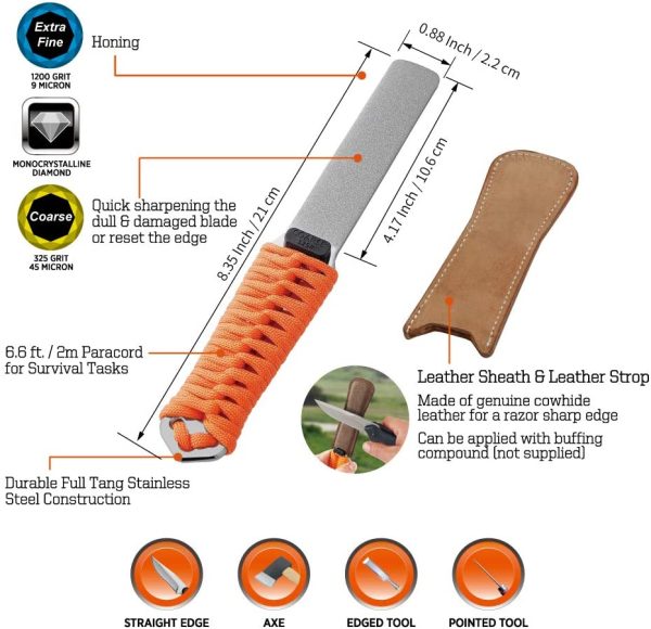 SHARPAL 181N Dual-Grit Diamond Sharpening Stone with Leather Strop, Tool Sharpener for Sharpening Knife, Axe, Hatchet, Lawn Mower Blade, Garden Shears, Chisels, Spade, Drills and All Blade Edge - Image 2