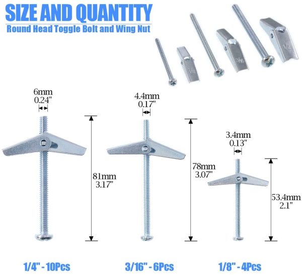 24Pcs 1/8'', 3/16'', 1/4'' inch Zinc Plated Steel Round Head Toggle Bolt and Wing Nut Assortment Kit - Image 2