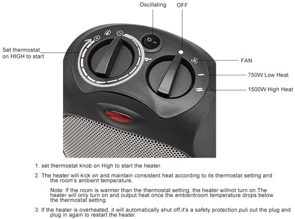 Amazon Basics 1500W Oscillating Ceramic Heater with Adjustable Thermostat, Black - Image 4