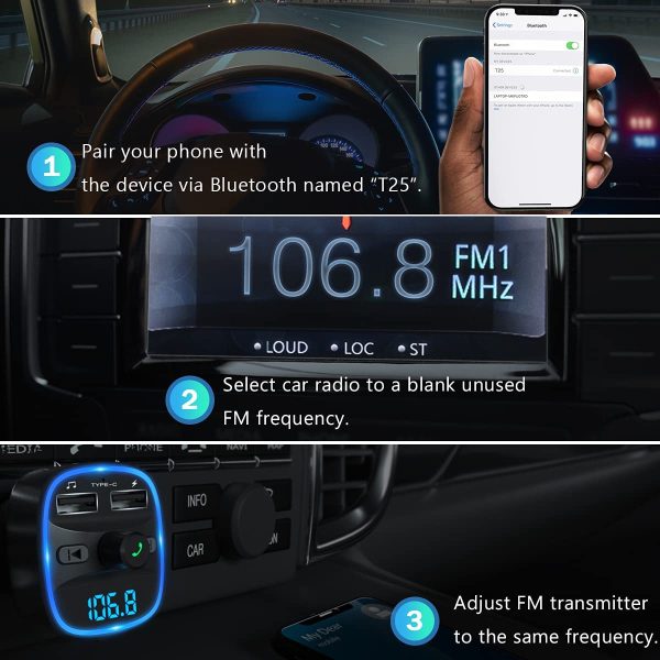 FM Transmitter, Bluetooth FM Transmitter Wireless Radio Adapter Car Kit with Dual USB Charging Car Charger MP3 Player Support TF Card & USB Disk - Image 3