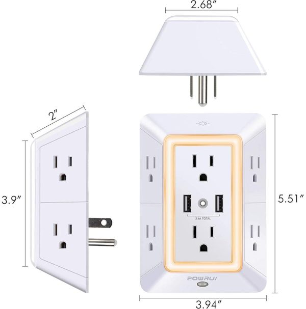 USB Wall Charger, Surge Protector,  6-Outlet Extender with 2 USB Charging Ports (2.4A Total) and Night Light, 3-Sided Power Strip with Adapter Spaced Outlets - White,ETL Certified - Image 6