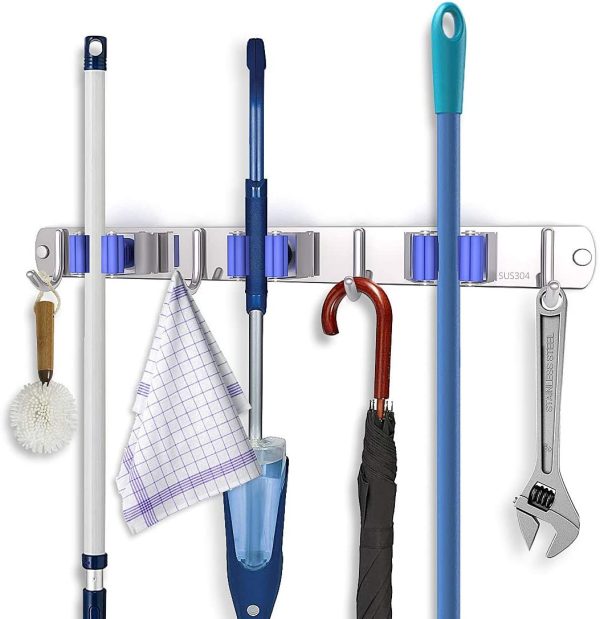 Mop Holder,Broom Organizer,Speensun Stainless Steel Heavy Duty Tool Mop Hanger with 3 Racks 4 Hooks for Bathroom Home Kitchen Garage Garden Storage Organization.