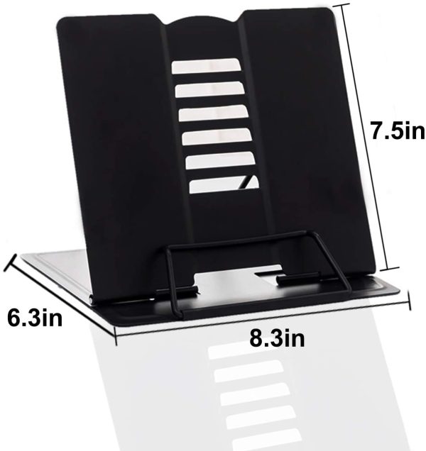 Desk Book Stand, Metal Reading Rest Book Holder Adjustable Cookbook Document Holder Bookrest Portable Sturdy Lightweight Bookstands for Recipes Textbooks Tablet Music Books with Page Clips (Black) - Image 6