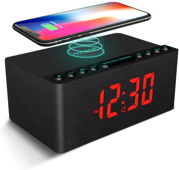 Wooden Digital Alarm Clock FM Radio,Fast Wireless Charger Station for iPhone/Samsung,Dimmable LED Display,USB Charging Port,Sleep Timer,Wood Modern Clock for Bedroom Bedside(Black) - Image 6