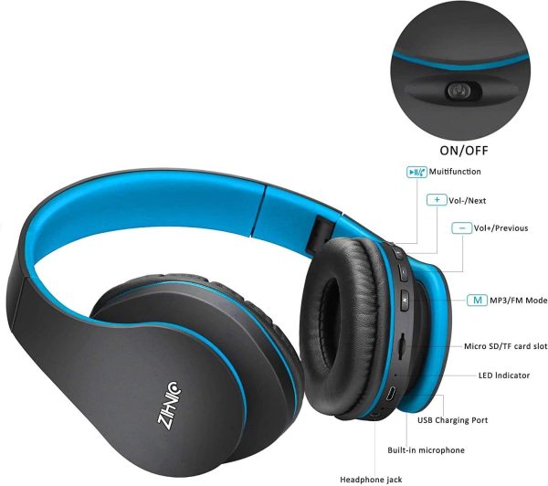 Bluetooth Over-Ear Headphones, Zihnic Foldable Wireless and Wired Stereo Headset Micro SD/TF, FM for Cell Phone,PC,Soft Earmuffs &Light Weight for Prolonged Waring (Black/Blue) - Image 5