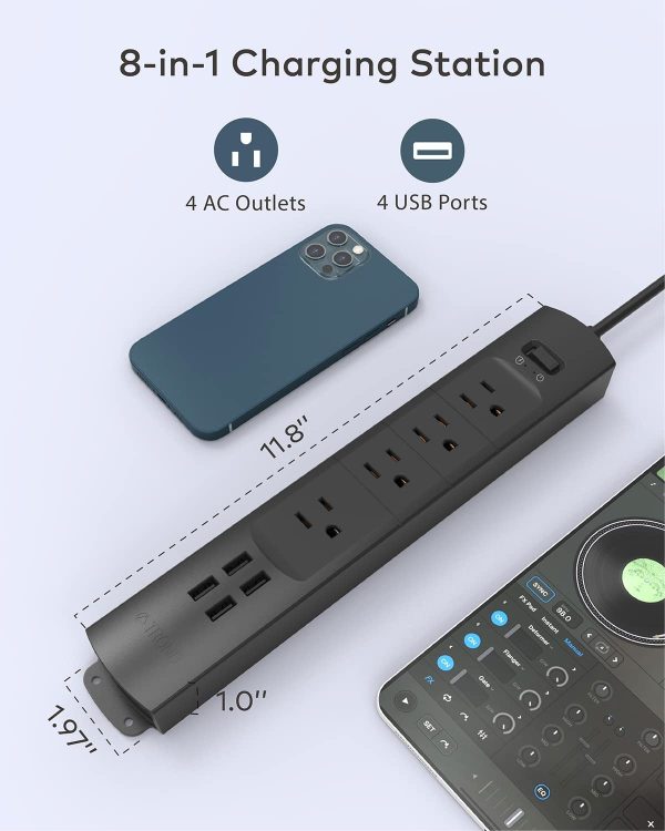 Power Bar Surge Protector with 4 USB Ports, 4 AC Outlets, Flat Plug Power Strip, 3ft Short Cord, 1440 Joules Surge Protection, Wall Mount, for Workbench, Nightstand, Dresser, Office (Black) - Image 6