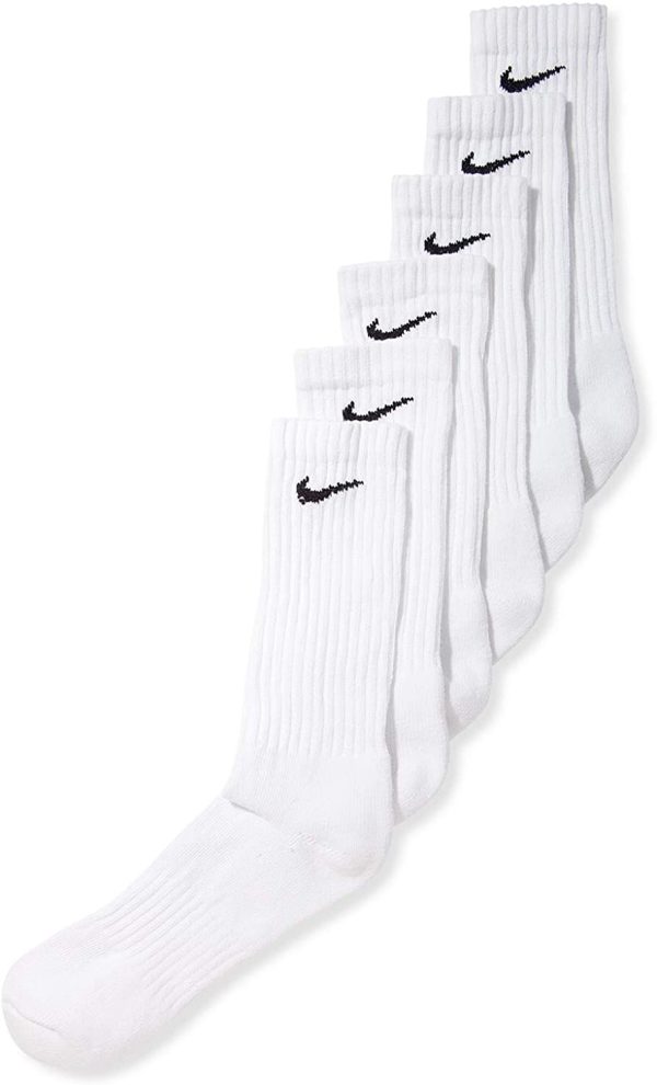 NIKE Dri-Fit Classic Cushioned Crew Socks 6 PAIR White with Black Swoosh Logo) LARGE 8-12 - Image 3