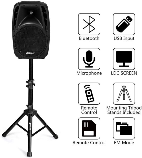 Costzon Portable 1600W 2-Way Powered PA Speaker System, Professional DJ Speakers with Active + Passive Loud Set, 2 Speaker Stands, Microphone, Bluetooth, USB/SD Card Input, FM Radio,Remote (2-Way) - Image 7