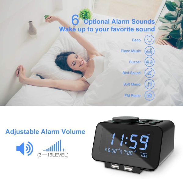 Digital Alarm Clock Radio - 0-100% Dimmer, Dual Alarm with Weekday/Weekend Mode, 6 Sounds Adjustable Volume, FM Radio w/ Sleep Timer, Snooze, 2 USB Charging Ports, Thermometer, Battery Backup - Image 7