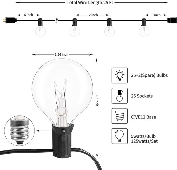 Outdoor String Lights 25 Feet G40 Globe Patio Lights with 27 Edison Glass Bulbs(2 Spare), Waterproof Connectable Hanging Light for Backyard Porch Balcony Party Decor, E12 Socket Base, Black - Image 2