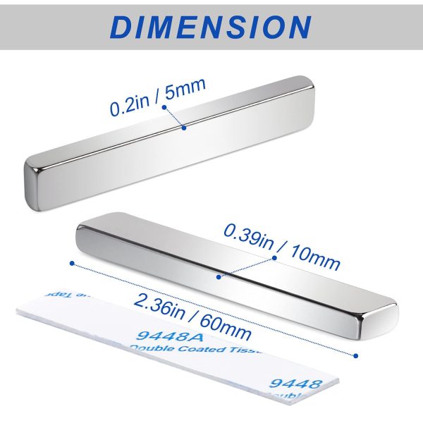 Strong Neodymium Bar Magnets with Double-Sided Adhesive, Rare-Earth Metal Neodymium Magnet - 60 x 10 x 5 mm, Pack of 12