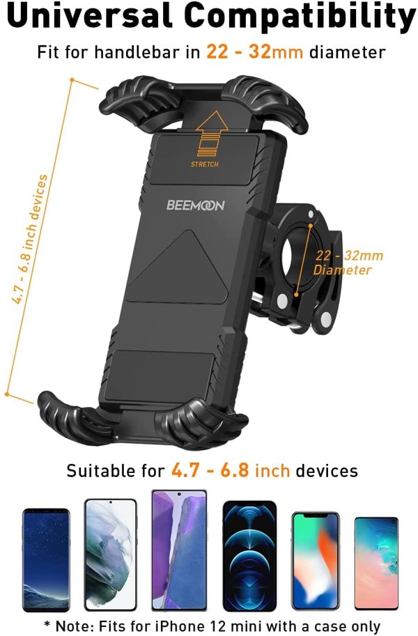 Beemoon Bike Phone Mount - Universal Motorcycle Phone Holder for Handlebars, Anti Shake Bike Cell Phone Holder for iPhone 12 11 Pro Max 9 8 S Samsung S20 S10 Oneplus All 4.7" - 6.8" Devices, Black - Image 3