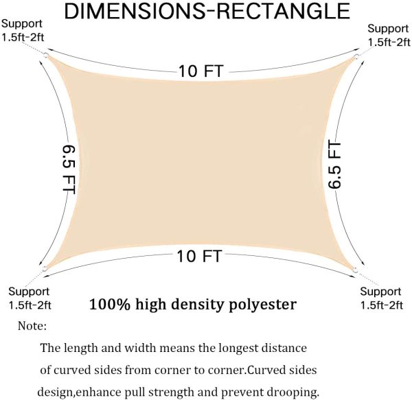 Outdoor Waterproof Sun Shade Sail Canopy Rectangle UV Block for Patio and Garden,Backyard Lawn (Creamy White, 6.5??X10')