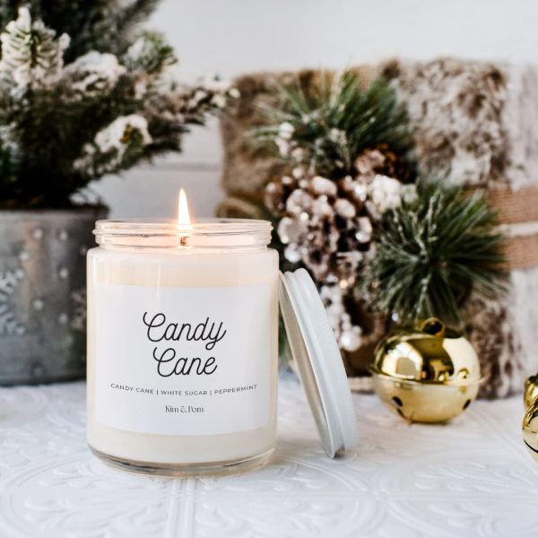 Kim and Pom Christmas Gifts - Candy Cane Scented Candles - Stocking Stuffers for Women, Made with 100% Soy Wax and Premium Grade Fragrance Oil in a 8oz Glass Jar - Beautiful Holiday Home Decor Piece