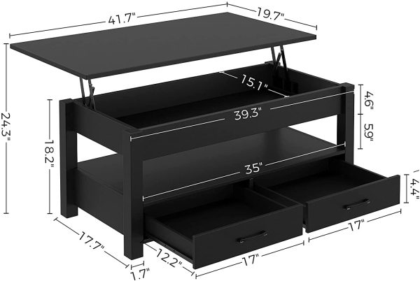 Rolanstar Coffee Table, Lift Top Coffee Table with Drawers and Hidden Compartment, Retro Central Table with Wooden Lift Tabletop, for Living Room,Black - Image 4