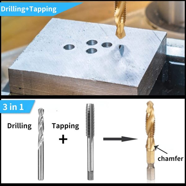 6pcs Combination Drill and Tap Bit, Metric Thread M3-M10 Screw Tapping Tool 1/4" Hex Shank Titanium Plated HSS - Image 3