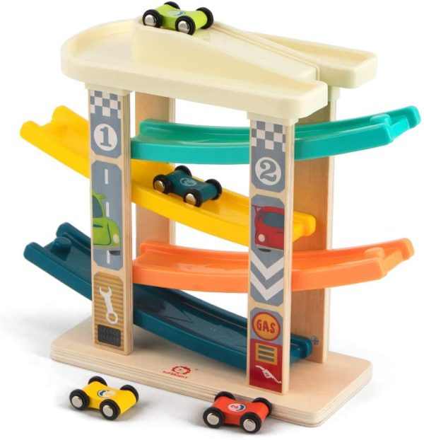 TOP BRIGHT Car Race Toy for Toddlers, Race Track Game Toy Vehicle Sets with 4 Wooden Cars, 1 Parking Garage and 4 Car Ramps for Boy & Girl - Image 2