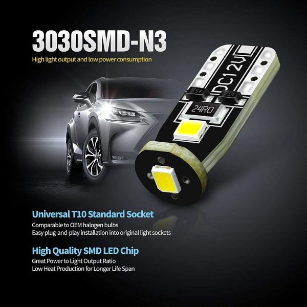 194 LED Bulbs Extremely Super Bright 3030 Chipset for Car truck Interior Dome Map Door Courtesy Marker License Plate Lights Compact Wedge T10 168 2825 Xenon White Pack of 10 - Image 5