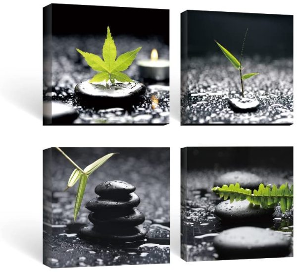 SUMGAR Black and White Wall Art Paintings on Canvas for Bathroom Zen Stone and Green Leaf Pictures - Image 3