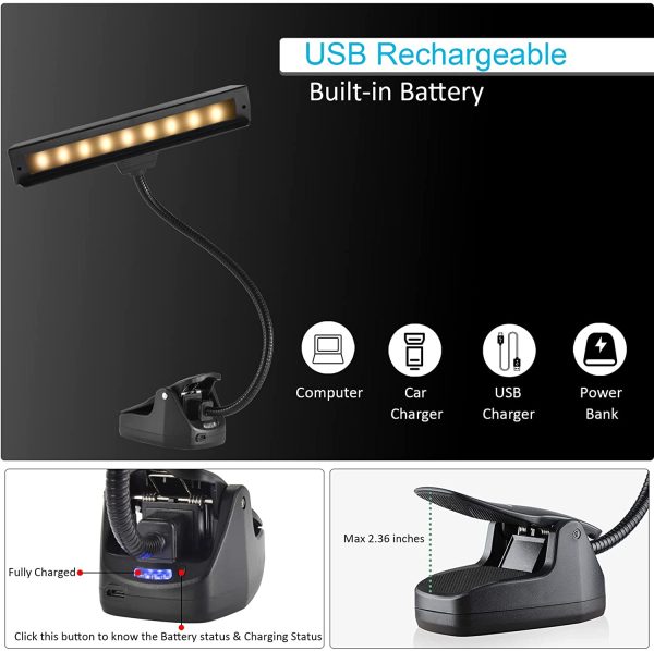 Rechargeable Book Light, Clip On Music Stand Light, 19 LEDs Reading Light - 3 Level Brightness Settings 3 Color Temperature Optional, LED Desk Lamp Perfect for Piano, Reading, Sewing, Working, Office - Image 2