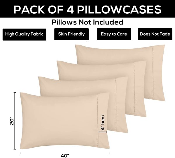 King Pillowcases - 4 Pack - Envelope Closure - Soft Brushed Microfiber Fabric - Shrinkage and Fade Resistant Pillow Covers 20 X 40 (King, Beige) - Image 2