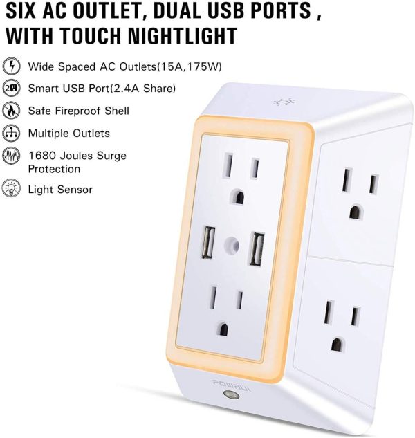 USB Wall Charger, Surge Protector,  6-Outlet Extender with 2 USB Charging Ports (2.4A Total) and Night Light, 3-Sided Power Strip with Adapter Spaced Outlets - White,ETL Certified - Image 8