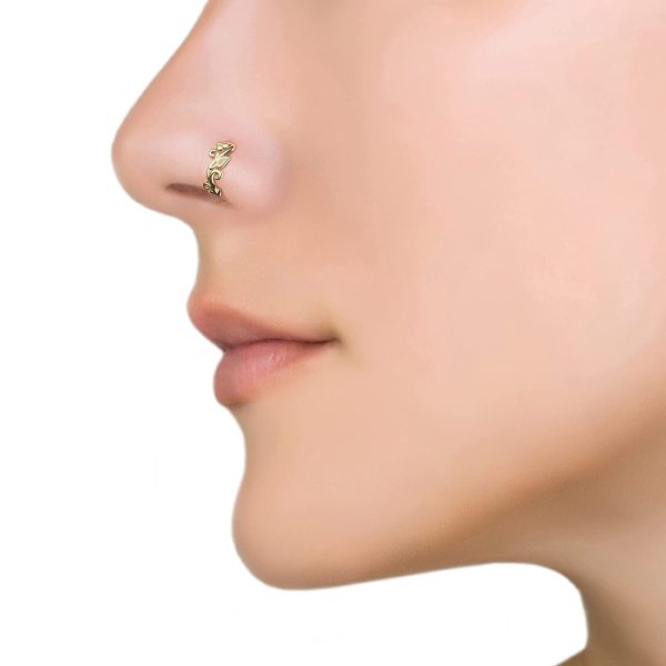 Small Gold Bohemian Leaf Nose Ring - 7mm Snug Fitting Helix Hoop - Cartilage Piercing - Indian Style Body Jewelry - Image 5