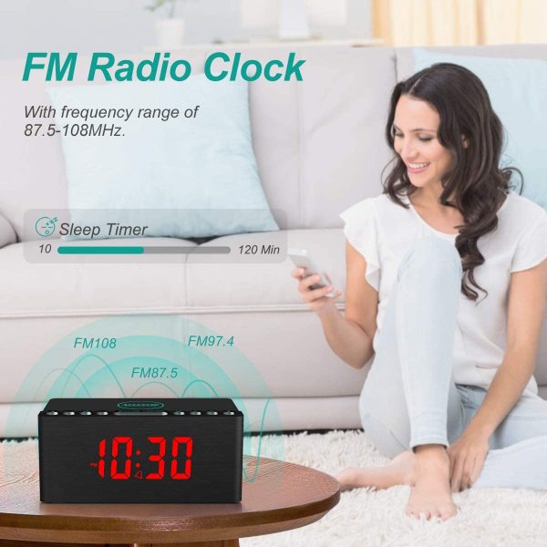 Wooden Digital Alarm Clock FM Radio,Fast Wireless Charger Station for iPhone/Samsung,Dimmable LED Display,USB Charging Port,Sleep Timer,Wood Modern Clock for Bedroom Bedside(Black) - Image 3