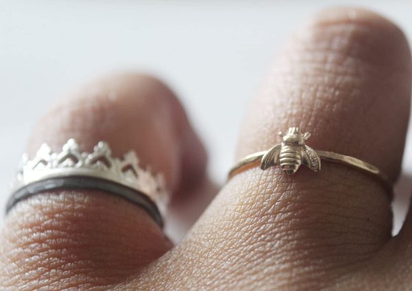 100% Handmade Queen Bee Crown Princess Royalty Stacking Stackable Ring Set Oxidized Honeybee Honey Nature Women Gift Mother's Anniversary Teen Gold-filled Gold - Image 3