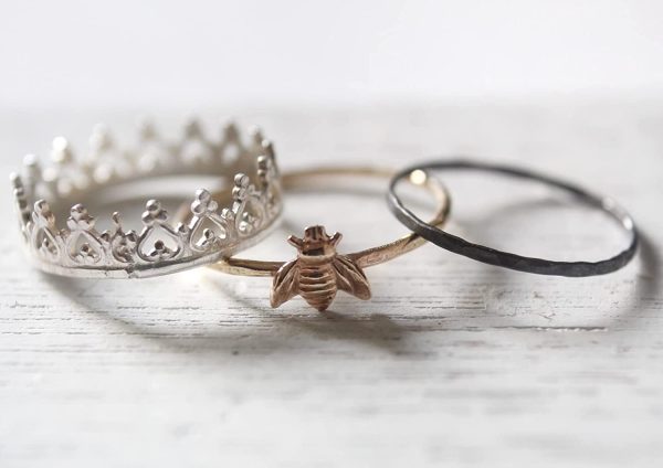 100% Handmade Queen Bee Crown Princess Royalty Stacking Stackable Ring Set Oxidized Honeybee Honey Nature Women Gift Mother's Anniversary Teen Gold-filled Gold - Image 4