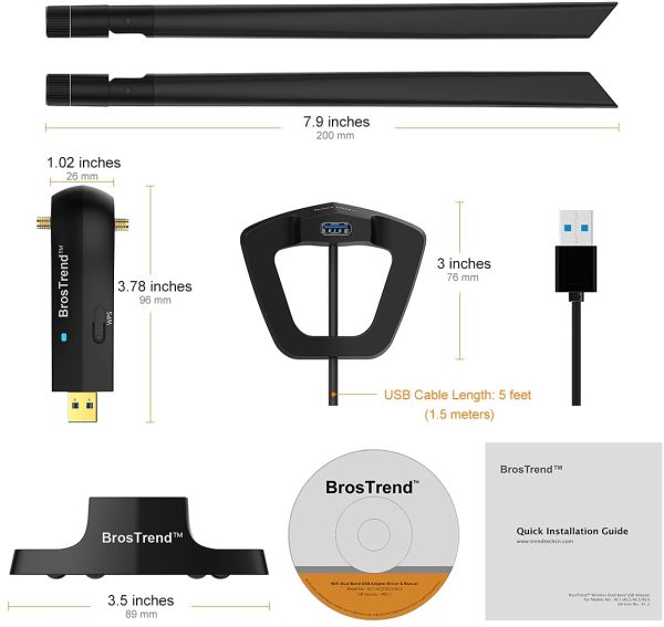 BrosTrend 1200Mbps Long Range USB WiFi Adapter for PC Desktop Laptop of Windows 11/10/8.1/8/7, USB Wireless Adapter Dual Band 2.4GHz 300Mbps + 5GHz 867Mbps, 2X 5dBi High Gain Antennas, USB 3.0 Cradle - Image 9