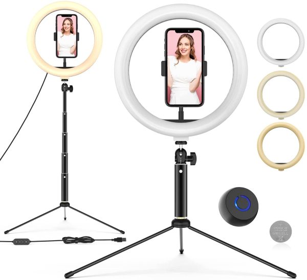 10?? LED Ring Light with Tripod Stand & Phone Holder,  Desk Ring Light with 18.5in Adjustable Height, Selfie Ring Light for Makeup/Live Streaming/Video Calls, Compatible with iOS/Android