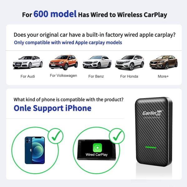 CarlinKit 3.0 Wireless CarPlay Adapter, Wi-Fi 5G, Suitable for Factory Wired CarPlay Cars, Compatible with More Than 600 Models Such as Audi/Porsche/Volvo/Mercedes/Volkswagen/Kia/Hyundai, etc. - Image 2