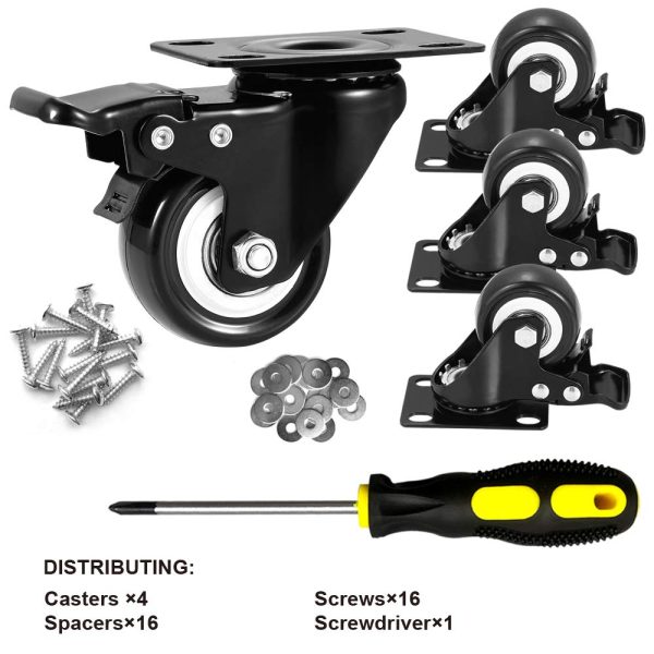 Caster Wheels, ASHGOOB 2" Casters Set of 4 Heavy Duty with Brake, No Floor Marks Silent Locking Casters with Polyurethane (PU) Wheels, Swivel Plate Castors Pack of 4 - Image 3