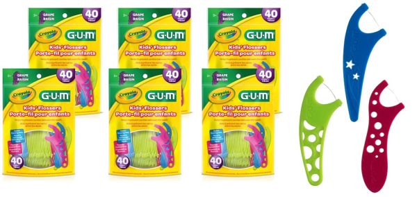 GUM Crayola Kids?? Flossers, Grape, Fluoride Coated, Easy Grip Handle, Ages 3+, 6 Bags X40 ct (240ct) - Image 2