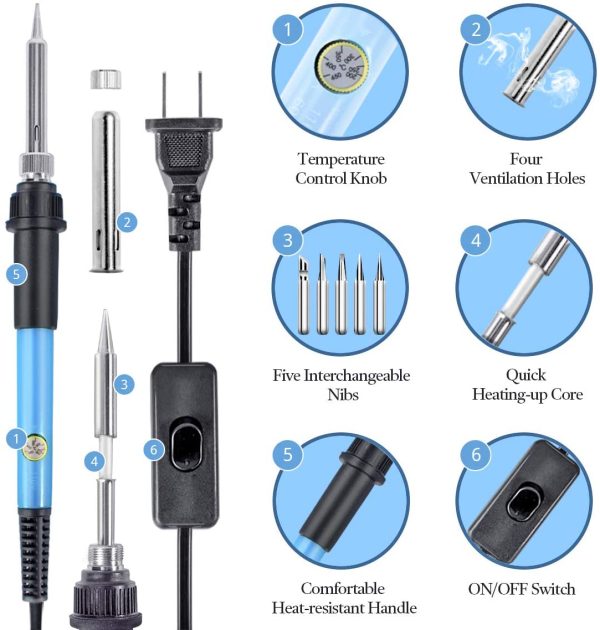 Soldering Iron Kit, 60W Adjustable Temperature Soldering Welding Iron Tool with ON-Off Switch, 5pcs Soldering Iron Tips, Soldering Iron Stand, Solder Wire, Tweezers - Image 7