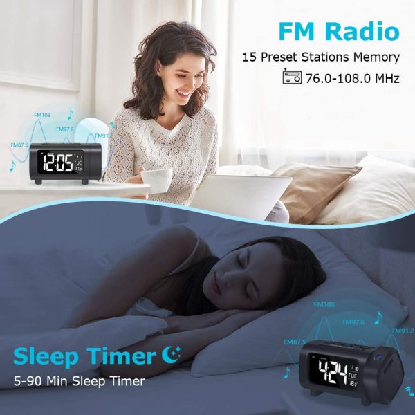 Projection Alarm Clock with FM Radio, Temperature Monitor, USB Charger, Weekend Mode, 2-Color VA Display with 4 Dimmer (Blue-White) - Image 6