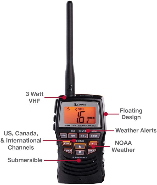 Cobra Marine Radio - MR HH150 FLT - 3 Watt, Floating, Long Range, Handheld, VHF Radio, NOAA, International, Waterproof, Submersible, Weather Alerts, LCD Screen, Belt Clip - Image 2