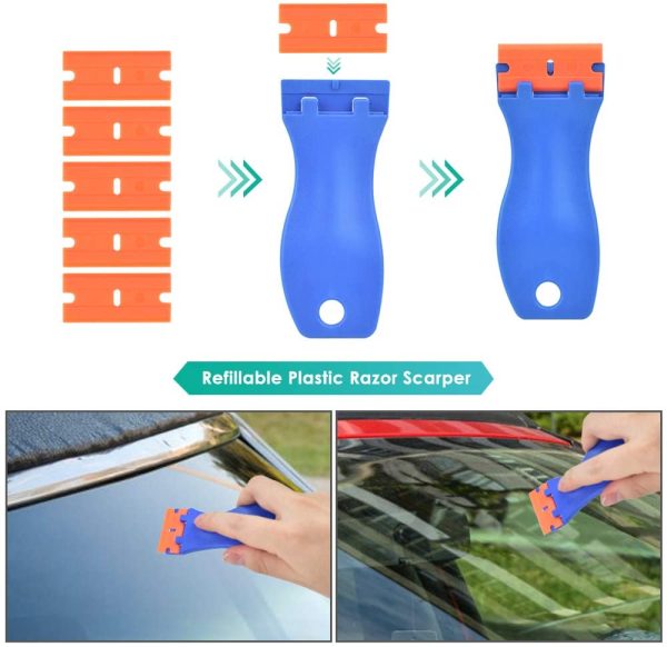 Car Window Tinting Vinyl Wrap Tools 11 Pcs Window Tint Tools Kit Including Package Bag, Felt Squeegee, Edge Trimmer, Soft Corner Squeegee, Retractable Kinfe and 10Kinfe Blades, Carving Knife, Cut Knife(Blue) - Image 7