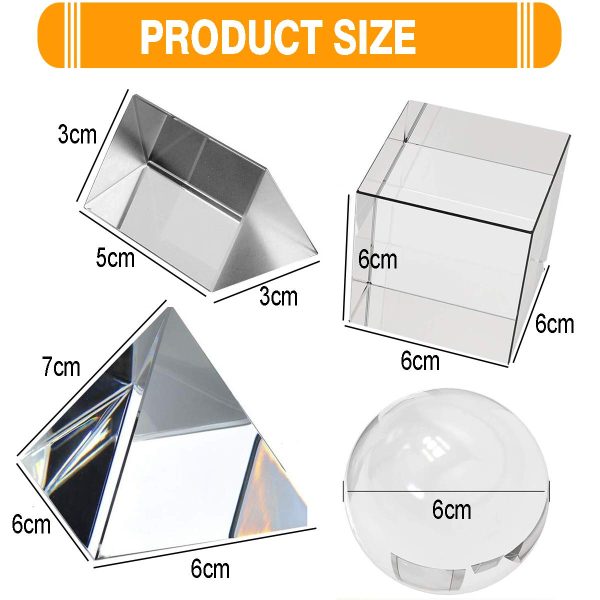 Toolly 4 Pack K9 Optical Crystal Photography Prism Set, Include 50mm Crystal Ball, 50mm Crystal Cube, 50mm Triangular Prism, 60mm Optical Pyramid - Image 2