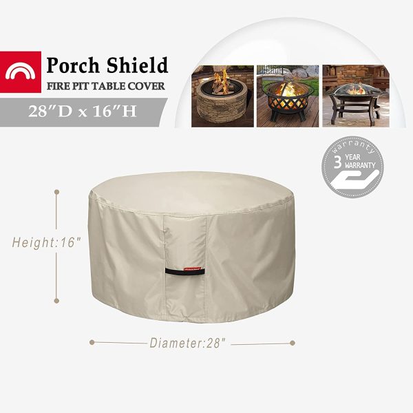 Porch Shield Fire Pit Cover - Waterproof 600D Heavy Duty Round Patio Fire Bowl Cover Beige - 28 inch - Image 3