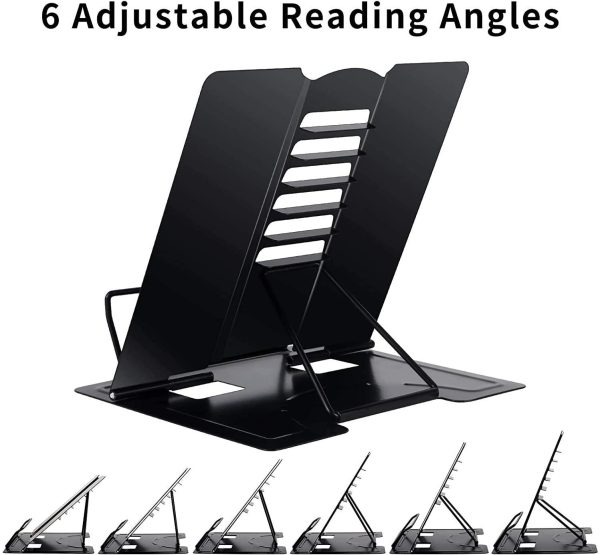 Desk Book Stand, Metal Reading Rest Book Holder Adjustable Cookbook Document Holder Bookrest Portable Sturdy Lightweight Bookstands for Recipes Textbooks Tablet Music Books with Page Clips (Black)