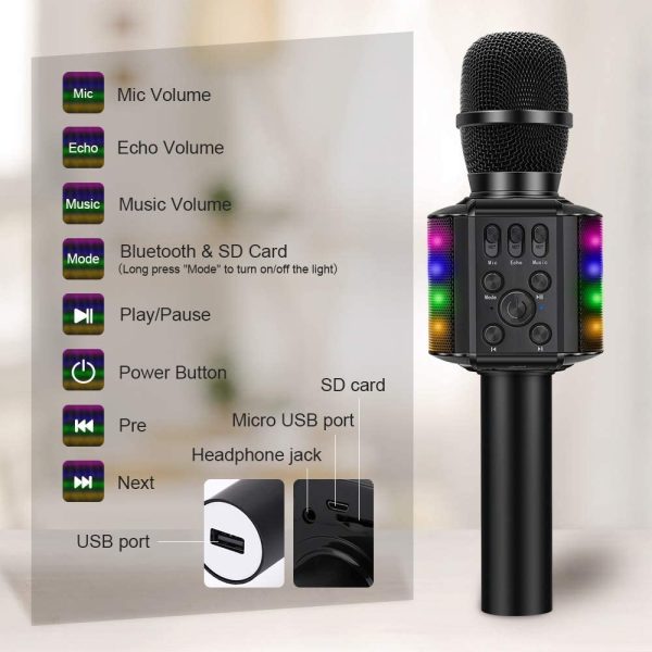 BONAOK Wireless Bluetooth Karaoke Microphone with controllable LED Lights, 4 in 1 Portable Karaoke Machine Mic Speaker Birthday Home Party for All Smartphones PC(Q36 Black) - Image 4