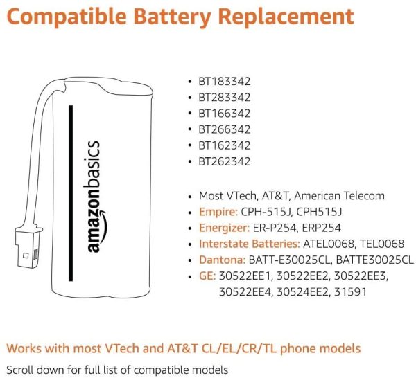 Cordless Phone Replacement Battery Pack - BT162342, BT262342 - 2-Pack