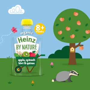 Heinz By Nature Organic natural baby food. Baby pouch puree. Infant food made with acerola cherry